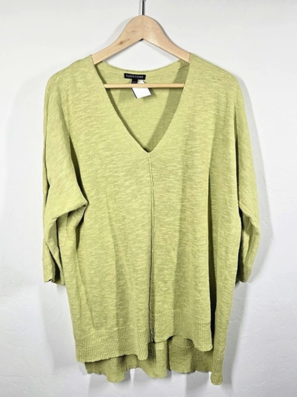 Eileen Fisher Organic Linen Cotton V-Neck Sweater Green Medium